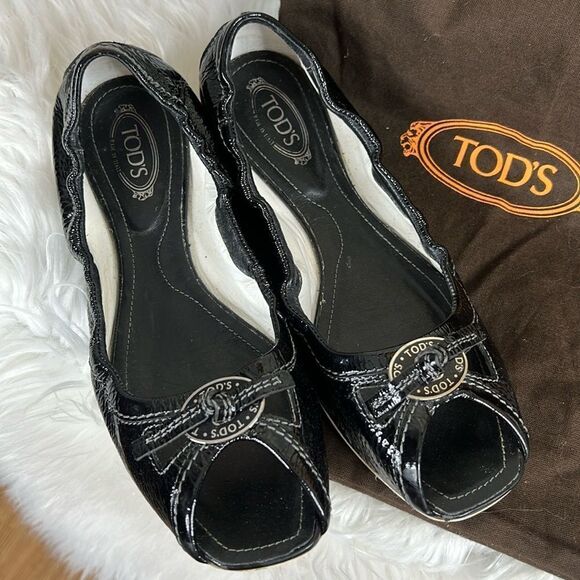 Tods Open Toe Driving Ballet Flats Patent Leather Womens Size 7 - Picture 1 of 10